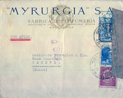 1938 , BARCELONA , SOBRE CIRCULADO POR VIA AÉREA A GINEBRA , BANDA Y MARCA DE CENSURA , PERFUMERIA " MYRURGIA " - Covers & Documents