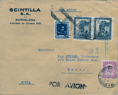 1938 BARCELONA - BADEN , VIA AÉREA , CENSURA , ESTAFETA SUCURSAL Nº 1 - Storia Postale