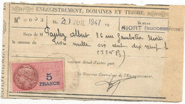 Enregistrement, Domaines Et Timbre , NIORT , Deux Sèvres ,reçu , Timbré ,1947 - Zonder Classificatie