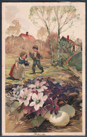 V040 COUPLE Of CHILDREN Picking FLOWERS VIOLETS EGGS Fine LITHO - Otros Ilustradores
