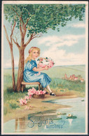 V069 Cute EDWARDIAN GIRL CROWN Of ROSES FLOWERS BENCH TREE Embossed 1914 - Otros Ilustradores