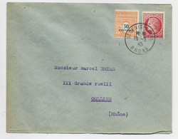 ARC TRIOMPHE 30C +1FR MAZELIN LETTRE ST GENIS LAVAL  19.3.1945 PAS AU TARIF MANQUE 20C PAS DE TAXE - 1944-45 Arc De Triomphe