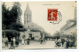 CPA 18 CHARLY Près BLET - La Place Eglise - Belle Animation Attelage Âne - Cachet Convoyeur - Other Municipalities