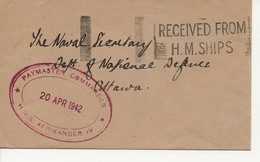 WW2 MARITIME MAIL 1942 DURBAN To OTTAWA CANADA FRANK Of PAYMASTER COMMANDER RECEIVED From HM SHIPS APPLIED In DURBAN - Boten
