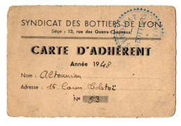 VP19.142 - 1948 - Syndicat Des Bottiers De LYON  - Carte D'Adhérent - Mr ALTOUNIAN Nationalité Arménienne ( Arménien ) - Sonstige & Ohne Zuordnung