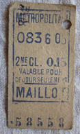 Ancien Ticket De Métro Paris 2e Classe 0,15 MAILLOT - Valable Pour Ce Jour Seulement - Métropolitain - Europe