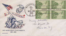U.S. MARINES Old Glory Raised Mt. Suribachi Battle Of IWO JIMA, WASHINGTON DC 1945 FDC Cover 4-Block SMARTCRAFT Cachet - 1941-1950