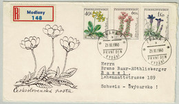 Tschechoslowakei / Ceskoslovensko 1960, Einschreibebrief Ersttag Modlany - Basel (Schweiz), Blumen / Fleurs / Flowers - Unclassified