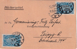 DR-Infla - 2x2000 M. Queroval Bücherzettel Berlin NW6 - Leipzig 31.8.23 - Covers & Documents
