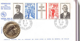 FDC  - LOT De 3 Bandes Hommage Au Général De Gaulle Avec Médaille  OR Et Argent ( Colombey 1971 + Lille ) - 1970-1979