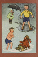 Vintage Russian Postcard 1956 By VALKA. Seasons. Nude Boy On Snow. Umbrella, Sled, Walk Under Rain - Cartes Humoristiques