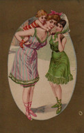 Belle Illustrée Dorée . Deux Jolies Baigneuses 1900 Avec Un Bébé - Vrouwen