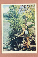 Vintage USSR Russian Postcard By Photo 1958 Social Realism. Soviet Boy Fishing Rod - Scènes & Paysages
