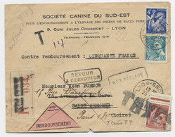 FRANCE IRIS 1FR50 BRUN GRIFFE TAXES LETTRE REC CONTRE REMBOURSEMENT 4FR+50C MERCURE LYON 23.11.1944 - 1921-1960: Modern Period