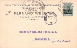 Carte Fernand Weerts - Verviers - Morlanwelz - Timbre D'allemagne Avec Surcharge Belgien 5 Cent - 1916 - Histoire