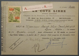 1932 Bruxelles La Cote Libre Journal Quotidien - Reçu Mrs Saint Olive Cambefort à Lyon - France Belgique - Timbre Fiscal - Bank En Verzekering