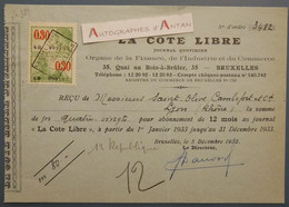 1932 Bruxelles La Cote Libre Journal Quotidien - Reçu Mrs Saint Olive Cambefort à Lyon - France Belgique - Timbre Fiscal - Bank & Insurance