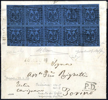 Cover 1857, Lettera Da Reggio Il 18.6. Per Torino Affrancata Con Blocco Di Dieci  Del 40 C. Azzurro Scuro Con Il Punto D - Modena