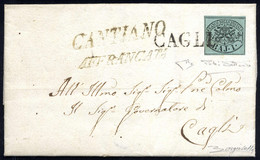 Cover 1852, Lettera Da Cantiano Il 1.1. Primo Giorno D'emissione Per Cagli Affrancata Con 1 B. Verde Grigiastro, Secondo - Papal States