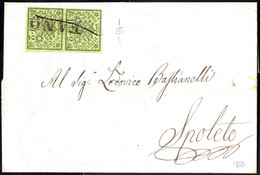 Cover 1852, 2 Baj., Verde Giallastro, Coppia Su Lettera Da Fano 8.8.1853 Per Spoleto, Firm. Sottoriva (Sass. 3a / 300,-) - Papal States