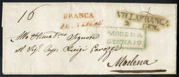 Cover 1842, Lettera Da Villafranca 2.1.1842 Affrancata Fino Al Confine Per Modena, Tassa "8" Kr. Sul Verso, Annulli In R - Lombardy-Venetia