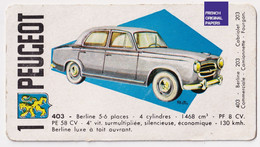 Image Carte De Jeu Thème Voiture Automobile 11x6cm -Années 1950/60 - Peugeot 403 Berline Ancienne A59-72 - Other & Unclassified