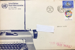UNITED NATION 1981, NEW YORK TO INDIA USED AIRMAIL COVER,WORLD FOOD DAY SLOGAN,SOURCE OF ENERGY STAMP,TYPEWRITER,GLOBE - Brieven En Documenten
