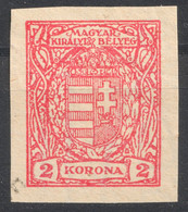 1921 Hungary - REVENUE TAX Stamp - Animal Passport CUT  - 2 K - Fiscale Zegels