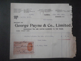 GREAT BRITAIN DOCUMENT GEORGE PAYNE TEA INVOICES 1903 WITH CINDRELLA LABEL - Royaume-Uni