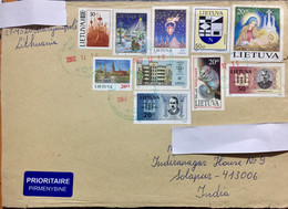 LITHUANIA 2002 ,AIRMAIL MARIJAMPOlE TO INDIA USED COVER WITH 10 DIFFERENT STAMPS!!! CHRISTMAS,ANTIQUE LAMPS,BUILDING, - Lithuania