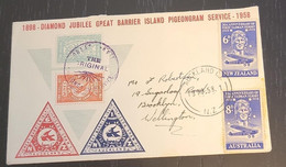 SP) 1958 NEW ZEALAND, DIAMOND JUBILEE GREAT BARRIER ISLAND PIGEONGRAM SERVICE, FIRST TASMAN FLIGHT, CIRCULATED COVER TO - Otros & Sin Clasificación