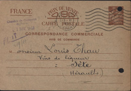 Entier Iris Sans Valeur CP Correspondance Commerciale Avis De Commande Chambre Commerce Paris 7 NOV 40 Vins Hérault - Standard Postcards & Stamped On Demand (before 1995)