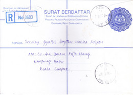 MALAYSIA : PRE PAID REGISTERED ENVELOPE :YEAR 1987 : BOOKED FROM KEM TERANDAK FOR KUALA LUMPUR VIA MELAKA - Malaysia (1964-...)