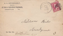 GREENVILLE  S.A.ARTHERHOLT ALL KINDS OF AGRICULTURAL IMPLEMENTS ENVELOPPE AVEC PUB VERSO 1900 - Altri & Non Classificati