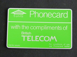 TELECARTE BRITISH TELECOM PHONECARD 5 FIVE UNITS - DOS NOIR - BT Emissions Générales