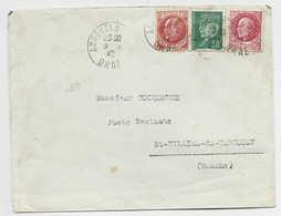 PETAIN 1FR50 ROSE +30C+50C LETTRE POSTE RESTANTE PAYEE PAR EXPEDITEUR ARGENTAN 9.5.1942 POUR LA MANCHE AU TARIF - 1941-42 Pétain