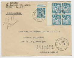 FRANCE  IRIS 1FR TURQUOISE BLOC DE 4 +50C RF MERCURE LETTRE REC PROVISOIRE RENNES 22.1.1945 ILLE ET VILAINE AU TARIF - 1939-44 Iris