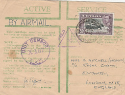 Ceylon Active Service Cover Censored To UK  1944 - Ceylon (...-1947)