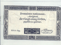 01 - 2022 - Révolution Française - Assignat De  Vingt Cinq Livres - Domaines Nationaux -Filigrane République - Assignats & Mandats Territoriaux