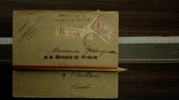 1919 LETTRE RECOMMANDE BANQUE DE FRANCE LA ROCHE SUR YON VENDEE CACHET DE CIRE AU DOS Pour Challans Merson 40c - Tariffe Postali
