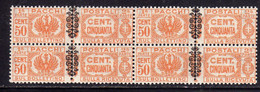 ITALIA REGNO ITALY KINGDOM 1945 LUOGOTENENZA PACCHI POSTALI FREGIO PARCEL POST CENT. 50c MNH QUARTINA - Postal Parcels