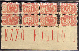 ITALIA REGNO ITALY KINGDOM 1945 LUOGOTENENZA PACCHI POSTALI FREGIO PARCEL POST CENT. 60c MNH QUARTINA - Postal Parcels