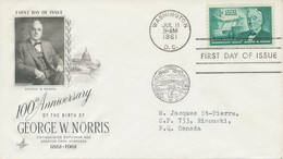 USA 1961 4C 100th Birthday Of George Norris (1861-1944), Senator; Norrisdam, TN Superb FDC With Rare Special Handstamp - Brieven En Documenten