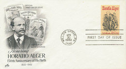 USA 1982, 20 C 150th Birthday Of Writer Horatio Alger On Superb FDC With FDI „WILLOW GROVE, P.A / 19090“ - Lettres & Documents