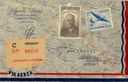 1954 URUGUAY , SOBRE CERTIFICADO , MONTEVIDEO - LUSTENAU , LLEGADA AL DORSO , MARCA " FRANQUEO / 2 " , VIA AÉREA , UPAE - Uruguay