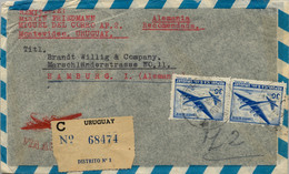 1952 URUGUAY , SOBRE CERTIFICADO , MONTEVIDEO - HAMBURGO , CORREO AÉREO , LLEGADA AL DORSO - Uruguay