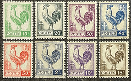 1944 - France - Série Des 8 Timbres Neufs Sans Gomme - Y&T N°630 à 633 + 640 + 646 à 648 - Coq (d'Alger) - Unused Stamps