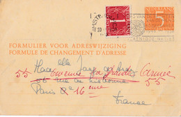 PAYS-BAS :  Entier Postal Formule De Changement D'adresse D'Amsterdam Pour Paris - Postwaardestukken
