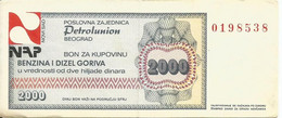 Yugoslavia 2000 Dinara Fuel Petrol Gasoline Benzin Essence  Coupon - Yugoslavia
