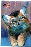 Chat,carte Nacré- Cat -katze- Poesje En Vlinder, Zilveren Kaart - Katten